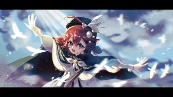 1girl :d absurdres bird bird_hair_ornament black_cape black_hat blue_eyes blue_sky bow bowtie brown_hair cape chilizi chromatic_aberration cloud coat dress flower flutterpage flutterpage_(gently_comes_the_thawing_breeze) hair_between_eyes hair_flower hair_ornament hat highres letterboxed lily_of_the_valley official_alternate_costume open_mouth origami outstretched_arms paper_crane reverse:1999 short_hair short_twintails sky smile solo spread_arms sunlight twintails upper_body white_bird white_bow white_bowtie white_coat white_dress white_flower