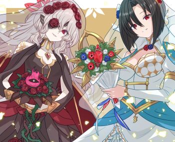 2girls animal_ears bat_ears bat_girl black_hair blue_dress bouquet breasts bridal_veil bride brooch cleavage commentary commission dress embla_(closed-off_bride)_(fire_emblem) embla_(fire_emblem) english_commentary fire_emblem fire_emblem_engage fire_emblem_heroes flower flower_eyepatch gem gold_trim hair_between_eyes hair_ornament halo highres holding holding_bouquet jewelry large_breasts long_sleeves looking_at_viewer medium_breasts multiple_girls nel_(fire_emblem) nel_(stoic_bride)_(fire_emblem) nintendo official_alternate_costume pale_skin red_eyes red_flower red_gemstone red_halo red_rose rose second-party_source short_hair small_breasts smile takasaka_light two-tone_dress veil wedding_dress white_dress white_hair