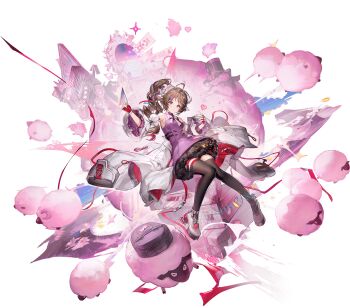 1girl animal_ears ardelia_(arknights) arknights arknights:_endfield baby_animal brown_hair coat curled_horns detached_sleeves eyjafjalla_(arknights) fingerless_gloves floating gloves goat_girl high_ponytail highres horns lamb liduke little_black_sheep_(arknights) official_art pink_theme ponytail red_eyes sheep sheep_ears sheep_girl sheep_horns shoes socks transparent_background white_coat