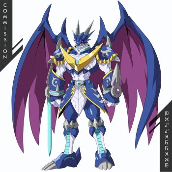 armor digimon digimon_(creature) dragon highres horns no_pupils officialseraphi officialseraphimon red_eyes simple_background solo sword ulforcev-dramon ulforcev-dramon_future_mode weapon white_background wings