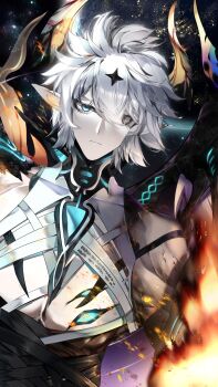 Rule 34 | 1boy, absurdres, alternate form, bandaged torso, blue eyes, commentary request, demon boy, demon horns, demon wings, highres, honkai (series), honkai impact 3rd, horns, kailu (kyshiro), kevin kaslana, kevin kaslana (diabolic), looking at viewer, male focus, pointy ears, short hair, solo, white hair, wings