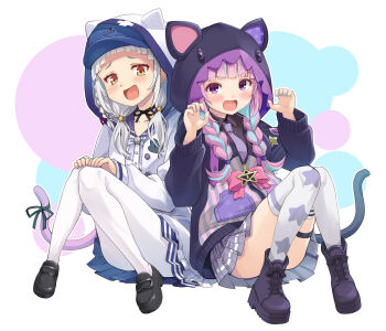 2girls :d animal_ears animal_hood ankle_boots arched_bangs asymmetrical_legwear baseball_cap black_boots black_choker black_jacket black_shirt black_shoes blue_hair blue_hat blue_nails blue_sailor_collar blue_skirt blue_streaks blunt_bangs blush boots braid braided_twintails cat_ears cat_hood cat_tail choker claw_pose collared_shirt commentary_request cosplay costume_switch detached_collar dress_shirt frilled_sailor_collar frills full_body grey_hair grey_skirt hands_on_own_knees haniwa_(leaf_garden) hat hat_under_hood highres hololive hood hood_up hooded_jacket jacket knees_together_feet_apart loafers long_hair long_sleeves looking_at_viewer low_twin_braids low_twintails minato_aqua minato_aqua_(cosplay) minato_aqua_(sailor) miniskirt mismatched_legwear multicolored_hair multiple_girls murasaki_shion murasaki_shion_(cosplay) murasaki_shion_(school_uniform) nail_polish necktie official_alternate_hairstyle on_floor open_clothes open_jacket open_mouth pantyhose plaid_clothes plaid_skirt pleated_skirt print_thighhighs purple_eyes purple_hair purple_nails purple_necktie raised_inner_eyebrows ribbon ribbon_choker sailor_collar sailor_shirt school_uniform shirt shoes short_eyebrows sidelocks sitting skirt smile smug star_(symbol) star_print tail tail_ornament tail_ribbon thigh_strap thighhighs twin_braids twintails two-tone_hair virtual_youtuber white_jacket white_pantyhose white_shirt white_thighhighs