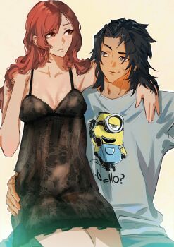 1boy 1girl alternate_costume arm_around_neck arm_around_waist black_dress black_hair black_negligee blue_eyes breasts brown_eyes brown_hair cissnei cleavage cocked_eyebrow crisis_core:_final_fantasy_vii cross_scar dress earrings facial_scar final_fantasy final_fantasy_vii final_fantasy_vii_rebirth final_fantasy_vii_remake hand_in_own_hair highres jewelry long_hair looking_at_another medium_breasts minion_(despicable_me) print_shirt scar scar_on_cheek scar_on_face shirt single_earring sitting sitting_on_lap sitting_on_person upper_body wavy_hair zack_fair zakushisu