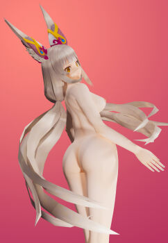 1girl 3d absurdly_long_hair alazeldorky alternate_breast_size animal_ears ass back breasts cat_ears gradient_background highres large_breasts long_hair looking_back nia_(blade)_(xenoblade) nia_(xenoblade) nintendo nipples nude silver_hair smile very_long_hair xenoblade_chronicles_(series) xenoblade_chronicles_2 yellow_eyes