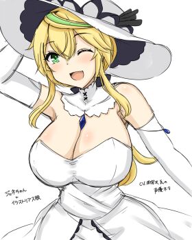 1girl amamiya_sora azur_lane blonde_hair breasts cleavage cosplay cowboy_shot dress elbow_gloves gene_(pso2) gloves hat highres illustrious_(azur_lane) illustrious_(azur_lane)_(cosplay) large_breasts long_hair multicolored_hair one_eye_closed phantasy_star phantasy_star_online_2 simple_background streaked_hair sun_hat tsunogiri voice_actor_connection white_background white_dress