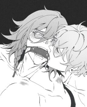 Rule 34 | 2boys, black background, blush, braid, bruise, bruise on chest, collarbone, commentary, drooling, english commentary, film grain, hair between eyes, honkai: star rail, honkai (series), injury, looking to the side, male focus, multiple boys, mydei (honkai: star rail), open mouth, pectorals, phainon (honkai: star rail), savior33550336, short hair, side braid, sideways glance, yaoi