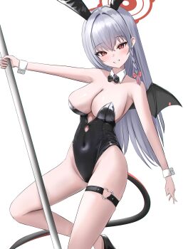 1girl :d absurdres alternate_costume animal_ears armpit_crease black_bow black_bowtie black_leotard black_shoes blue_archive blush bow bowtie braid breasts cleavage covered_navel demon_girl demon_tail demon_wings detached_collar dutch_angle eyelashes fake_animal_ears feet_out_of_frame grey_hair grin groin hair_between_eyes hair_bow hair_intakes halo haruna_(blue_archive) heart heart_o-ring highleg highleg_leotard highres large_breasts leotard liiigang long_hair looking_at_viewer o-ring o-ring_thigh_strap open_mouth outstretched_arm playboy_bunny pole pole_dancing rabbit_ears red_bow red_eyes red_halo shoes simple_background single_braid single_wing smile solo straight_hair strapless strapless_leotard stripper_pole tail thigh_strap thighs tsurime very_long_hair white_background white_wrist_cuffs wings wrist_cuffs