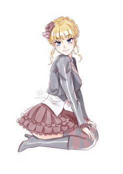 1girl absurdres beatrice_(umineko) black_boots black_jacket blonde_hair blue_eyes blunt_bangs boots braid commission crown_braid flower frilled_skirt frills hair_flower hair_ornament hands_on_own_knees highres jacket knee_boots long_sleeves looking_at_viewer necktie red_skirt seiza short_hair sidelocks signature sitting skirt solo striped_clothes striped_thighhighs thighhighs umineko_no_naku_koro_ni vanilla_cream_(artist) vgen_commission white_background