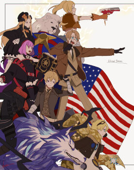 3girls 5boys abigail_williams_(fate) abigail_williams_(first_ascension)_(fate) absurdres ahoge america_(hetalia) american_flag animal axis_powers_hetalia billy_the_kid_(fate) black_bow blonde_hair blue_eyes bomber_jacket bow calamity_jane_(fate) coat country_connection crossover dress fate/grand_order fate_(series) furry furry_male glasses gloves goggles goggles_on_head gun hair_bow hat headless helena_blavatsky_(fate) helena_blavatsky_(third_ascension)_(fate) hessian_(fate) highres holding holding_gun holding_weapon jacket kome_043 lion_boy lion_hair lobo_(fate) long_hair long_sleeves multiple_boys multiple_girls necktie open_mouth orange_bow oversized_animal pants purple_eyes purple_hair scarf short_hair side_ponytail smile thomas_edison_(fate) voyager_(third_ascension)_(fate) weapon white_hair wolf yellow_eyes yellow_scarf