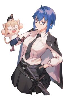 2girls :3 animal_ear_fluff black_gloves black_jacket black_necktie black_skirt blonde_hair blue_eyes blue_hair c.i.e.l_(fate) ciel-sensei_(fate) ciel_(tsukihime) collared_shirt commentary cropped_torso double-parted_bangs fate/grand_order fate_(series) glasses gloves hair_between_eyes highres jacket jacket_on_shoulders lifting_person looking_at_another multiple_girls necktie neco-arc open_mouth sheath sheathed shirt shirt_tucked_in short_hair simple_background skirt sword tsubu_(kappunioyu562) v-shaped_eyebrows weapon white_background white_shirt
