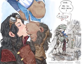 1boy 2girls absurdres asami_sato avatar_legends black_hair blue_pants blue_shirt brown_gloves brown_hair closed_eyes commentary dark-skinned_female dark_skin english_commentary english_text gloves goggles goggles_on_head green_shirt hand_in_another's_hair heart highres holding holding_wrench kiss korra long_hair maryneelahaye multiple_girls pants red_panda shirt speech_bubble the_legend_of_korra upside-down wrench yuri