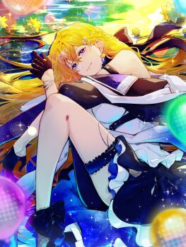 1girl bare_shoulders black_gloves black_skirt blonde_hair blue_eyes cocoluce commission earrings gloves hair_spread_out highres jewelry legs long_hair looking_at_viewer lying merry_(secilhodoshima) on_side parted_lips second-party_source shirt skirt solo star_(symbol) star_earrings thigh_strap virtual_youtuber white_shirt yonaga_akina