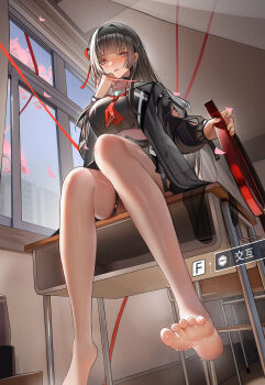 1girl absurdres arm_cutout bare_legs barefoot black_hair black_jacket black_skirt blush chinese_commentary chisa_(wuthering_waves) classroom clothing_cutout commentary_request desk feet hair_ribbon highres holding indoors jacket large_arm legs long_hair long_sleeves looking_at_viewer neckerchief on_desk parted_lips red_eyes red_neckerchief red_ribbon ribbon sailor_collar school_desk sitting skirt soles solo tacet_mark_(wuthering_waves) thigh_strap toes white_sailor_collar wuthering_waves xiaojuan_(user_ezvt7287)