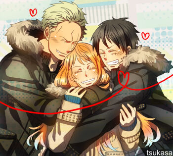 1girl 2boys alternate_costume arm_around_neck artist_name black_coat black_hair closed_eyes coat commentary_request facial_scar fur-trimmed_coat fur_trim green_hair grin hand_on_another's_arm heads_together heart hood hood_down hug jinnai_tsukasa long_hair long_sleeves monkey_d._luffy multiple_boys nami_(one_piece) one_piece orange_hair parted_lips roronoa_zoro scar scar_across_eye scar_on_cheek scar_on_face short_hair smile straw_hat_pirates sweater sweater_under_coat upper_body wavy_hair winter_clothes