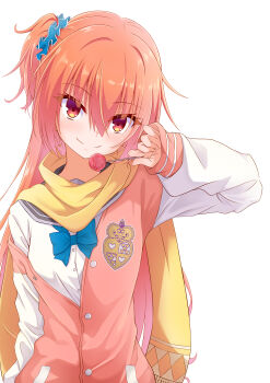 1girl absurdres blue_bow blue_bowtie blue_scrunchie blush bow bowtie buttons candy closed_mouth commentary eyelashes eyes_visible_through_hair food fringe_trim grey_sailor_collar hair_between_eyes hair_ornament hair_scrunchie hand_up highres holding holding_candy holding_food holding_lollipop inaba_meguru jacket letterman_jacket lollipop long_hair one_side_up orange_hair partially_unbuttoned pink_jacket red_eyes sailor_collar sanoba_witch scarf school_uniform scrunchie serafuku shirt sidelocks simple_background sleeves_past_wrists smile solo split_mouth suzukihiko7610 upper_body very_long_hair white_background white_shirt white_sleeves yellow_scarf