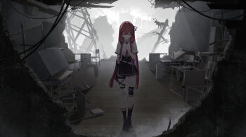 1girl absurdres badge black_gloves black_skirt breast_pocket breasts chaos_zero_nightmare collared_shirt commentary_request gloves hair_ribbon high-waist_skirt highres long_hair necktie pleated_skirt pocket purple_eyes purple_necktie purple_ribbon red_hair rei_(chaos_zero_nightmare) ribbon ruins shirt shirt_tucked_in short_sleeves sidelocks sido_(ama_r007) single_glove skirt solo thigh_strap white_shirt