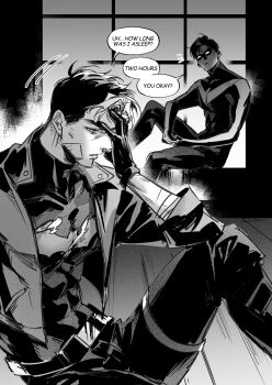 absurdres batman_(series) black_bodysuit black_gloves bodysuit brown_jacket celeboom dc_comics dick_grayson gloves grey_bodysuit greyscale highres jacket jason_todd male_focus monochrome multicolored_bodysuit muscular muscular_male nightwing red_hood_(dc) red_hood_and_the_outlaws superhero_costume taut_bodysuit two-tone_bodysuit