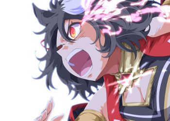 Rule 34 | 1girl, ahoge, animal ears, black hair, blush, bow, braid, breasts, chanchanko (clothes), cleavage, cleavage cutout, clothing cutout, ear ornament, ear ribbon, flower ornament, hair between eyes, hair ornament, half up braid, highres, horse ears, horse girl, kitasan black (crowning ooban) (umamusume), kitasan black (umamusume), kouhaku nawa, multicolored hair, off shoulder, open mouth, red eyes, rope, shimenawa, short hair, solo, streaked hair, umamusume, white hair, zukki (bijitaru)