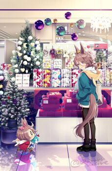 Rule 34 | 0 0, 2girls, animal ears, black pantyhose, black shoes, blue eyes, blue jacket, blush, brown hair, character doll, christmas, christmas ornaments, christmas tree, commentary request, doll, eye contact, eyes visible through hair, fake animal ears, fringe trim, hair between eyes, hat, highres, hood, hood down, hoodie, horse ears, horse girl, horse tail, if they mated, indoors, jacket, looking at another, mecha umamusume st-2 (umamusume), mother and daughter, multiple girls, narita taishin (umamusume), odawara hakone, open clothes, open jacket, pantyhose, parted bangs, parted lips, profile, red jacket, reflection, running, santa hat, scarf, shoes, standing, tail, twitter username, umamusume, white hoodie, white scarf