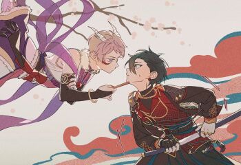 2boys black_gloves black_hair blue_eyes bracelet branch coge0301 dragon_horns ensemble_stars! facial_mark fingerless_gloves fingernails flower gloves hand_on_own_arm holding holding_sword holding_weapon horns itsuki_shu jewelry kagehira_mika katana long_sleeves looking_at_another male_focus multiple_boys multiple_necklaces nail_polish necklace nervous_sweating official_alternate_costume official_alternate_hairstyle one_eye_closed ougonten_(ensemble_stars!) parted_lips pink_flower pink_hair purple_eyes red_nails short_hair single_glove sweat sword weapon zodiac_2_(ensemble_stars!)