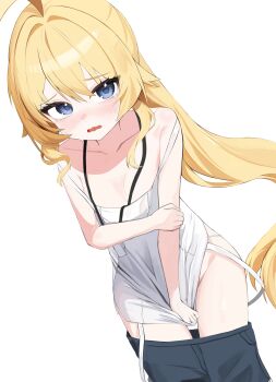 1girl absurdres ahoge blonde_hair blue_eyes blush choppy_bangs clothes_pull commentary commission covering_crotch covering_privates cowboy_shot double_strap_slip dutch_angle embarrassed flat_chest groin hair_intakes highres kupony long_hair looking_at_viewer nervous_sweating no_bra no_panties open_mouth original pants pants_pull raised_inner_eyebrows shirt simple_background sleeveless sleeveless_shirt solo standing strap_slip sweat very_long_hair wavy_mouth whistle whistle_around_neck white_background white_shirt