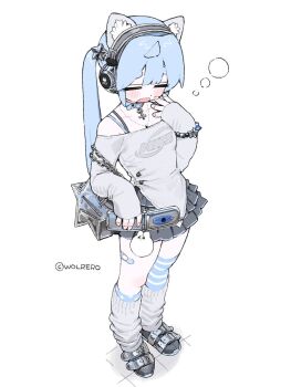 1girl animal_ear_headphones animal_ears bandaid blue_hair blush cat_ear_headphones cat_ears commentary fake_animal_ears full_body headphones highres holding joints long_hair long_sleeves original pleated_skirt robot_joints skirt sleeves_past_wrists socks solo standing star_(symbol) symbol-only_commentary twitter_username wolrero