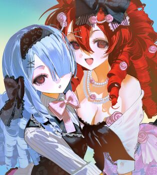 2girls :o aqua_background asymmetrical_docking bare_shoulders black_bow black_headband black_lace_trim black_vest blue_hair blush bow bowtie breast_press breasts chain cleavage collared_shirt commentary commission dot_nose double-parted_bangs dress dress_bow eyeshadow floral_print floral_print_dress flower fluffy_hair gradient_background hair_between_eyes hair_bow hair_flower hair_ornament hair_over_one_eye hairclip headband highres jewelry lace lace-trimmed_bow lace-trimmed_dress lace-trimmed_headwear lace-trimmed_vest lace_trim large_breasts long_hair long_sleeves makeup multiple_girls nan_(71nnmo) necklace one_eye_covered open_mouth original pale_skin parted_bangs pearl_hair_ornament pearl_necklace pink_bow pink_dress pink_flower pink_rose plaid_bow print_bow print_dress print_headband print_vest red_eyes red_hair ringlets rose rose_print shirt shrug_(clothing) simple_background skeb_commission small_breasts smile strapless strapless_dress striped_clothes striped_shirt teeth upper_body upper_teeth_only vertical-striped_clothes vertical-striped_shirt vest waistcoat white_shirt white_shrug wing_collar x_hair_ornament yellow_background