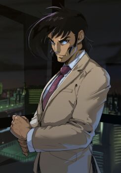 1boy black_hair brown_eyes city collared_shirt formal_clothes getter_robo getter_robo_go hair_behind_ear jin_hayato looking_to_the_side male_focus necktie red_necktie shirt smile solo suit upper_body vldhomecenter white_shirt
