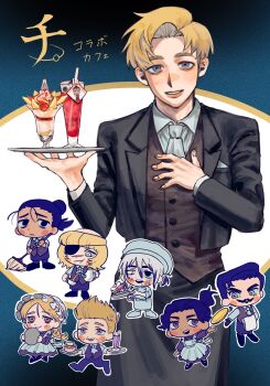 2girls 6+boys apron ascot badeni black_apron black_eyes black_gloves black_hair black_jacket black_pantyhose black_shoes blonde_hair blush bonnet braid brown_dress brown_eyes brown_vest chef_hat chi.:_chikyuu_no_undou_ni_tsuite chibi chibi_inset closed_mouth coat collared_shirt commentary_request copyright_name cowboy_shot cup draka_(chi.) dress eyepatch facial_hair facial_scar fancy_dessert father_and_daughter food fried_egg gloves grey_eyes hair_between_eyes hair_bun hand_on_own_chest hat heterochromia highres holding holding_cup holding_money holding_pan holding_plate holding_teapot hubert_(chi.) jacket jolenta light_smile long_dress long_hair maid_apron money multiple_boys multiple_girls mustache mustache_stubble neckerchief nowak_(chi.) oczy official_alternate_costume open_mouth pantyhose parfait parted_bangs parted_lips plate pneko ponytail rafal_(chi.) scar scar_on_cheek scar_on_face scar_on_mouth scar_on_nose schmidt_(chi.) shirt shoes short_hair short_ponytail single_braid smile strawberry_parfait stubble suit_jacket swept_bangs teacup teapot tonsure towel towel_on_arm updo vest waist_apron waistcoat white_ascot white_bonnet white_coat white_neckerchief white_shirt white_shoes