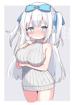1girl @_@ arm_under_breasts blue_bow blue_eyes blue_ribbon blush border bow breasts center-flap_bangs closed_mouth collarbone commentary_request cowboy_shot dress embarrassed flying_sweatdrops grey_background grey_sweater hair_bow hair_ribbon hand_on_own_chest highres large_breasts long_hair looking_at_viewer miria_(mamamamave) no_pants original ribbed_sweater ribbon simple_background sleeveless sleeveless_sweater solo sweat sweater sweater_dress taut_clothes taut_sweater two_side_up white_border white_hair
