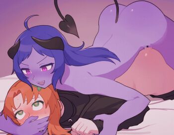 1futa 1girl animated animated_gif ass bineya blue_hair blush clothed_sex colored_skin completely_nude demon_girl demon_horns demon_tail futanari grabbing_another&#039;s_arm green_eyes hair_ornament horns long_hair looping_animation nude original prone_bone purple_eyes purple_skin red_hair sex sex_from_behind tail ugoira