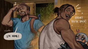 3boys ^^^ absurdres angry artistic_error backpack bag beard black_sclera blacksmith brown_hair colored_sclera commentary dark-skinned_male dark_skin dirty dirty_face dreadlocks english_commentary english_text eyebrow_cut facial_hair from_behind game_screenshot_background glowing_hot grey_eyes grey_hair highres interrupted looking_back male_focus minecraft minecraft_sword multiple_boys muscular muscular_male open_mouth scar scar_on_arm scar_on_neck screenshot_background smoke soot speech_bubble steve_(minecraft) sword tank_top unatalmeh weapon white_tank_top yaoi