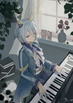 1girl absurdres animal_ears belt blue_eyes blue_hair blue_jacket blue_pants blue_shirt book book_stack bow closed_mouth commentary_request ear_covers flower gloves hair_between_eyes half_gloves highres horse_ears horse_girl instrument jacket k.s.miracle_(prism)_(umamusume) k.s.miracle_(umamusume) long_sleeves music pants photo_(object) piano playing_instrument playing_piano shikahisa_totani shirt short_hair sitting smile solo umamusume vase white_gloves window yellow_belt
