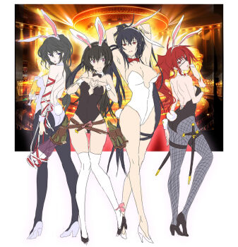 4girls animal_ear_hairband animal_ears arms_up ass belt black_hair black_leotard black_pantyhose black_shoes bow bowtie character_request collar cup detached_collar drinking_glass eyepatch fake_animal_ears fishnet_pantyhose fishnets from_behind full_body hairband high_heels highleg highleg_leotard highres holding holding_cup kawagishi_keitarou kawakami_momoyo leotard long_hair looking_at_viewer looking_back loose_belt maji_de_watashi_ni_koi_shinasai! maji_de_watashi_ni_koi_shinasai!_s margit_eberbach matsunaga_tsubame multiple_girls musashibou_benkei musashibou_benkei_(majikoi) official_art pantyhose playboy_bunny purple_eyes rabbit_ear_hairband rabbit_ears rabbit_tail red_bow red_bowtie red_eyes red_hair red_ribbon ribbon shoes shoulder_blades standing strapless strapless_leotard tail thigh_strap thighhighs thighs unfinished white_collar white_leotard white_shoes white_thighhighs white_wrist_cuffs wrist_cuffs