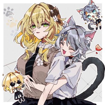 2girls ^_^ aglaea_(honkai:_star_rail) alternate_costume animal_ear_fluff blonde_hair bow cat_girl cat_tail chibi cipher_(honkai:_star_rail) closed_eyes commentary flower green_eyes grey_hair hair_flower hair_ornament hairclip highres honkai:_star_rail honkai_(series) hug hug_from_behind multiple_girls necktie paw_print school_uniform shirt smile sweater_vest tail white_streaks xx_kgym yuri