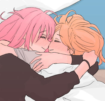 2girls arms_around_neck black_shirt blonde_hair blush bocchi_the_rock! bracelet closed_eyes closed_mouth commentary_request gotoh_hitori highres hug ijichi_nijika jewelry long_hair mentos_pepsi multiple_girls parted_lips pink_hair shirt smile white_shirt yuri