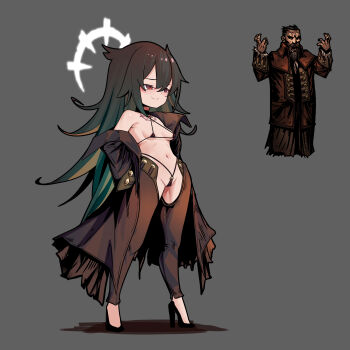 1girl absurdres ancestor_(darkest_dungeon) bikini blush breasts brown_coat coat commentary darkest_dungeon english_commentary full_body genderswap genderswap_(mtf) green_hair grey_background high_heels highres long_hair micro_bikini navel open_clothes open_coat red_eyes reference_inset simple_background single_off_shoulder small_breasts smile swimsuit virtue_(darkest_dungeon) zhuma