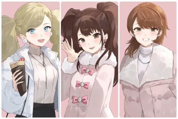 3girls atlus blonde_hair blue_eyes brown_hair coat commentary_request dessert food highres konchi_(63438789) kujikawa_rise long_hair looking_at_viewer multiple_girls open_mouth persona persona_3 persona_4 persona_5 pink_background smile sweater takamaki_anne takeba_yukari turtleneck turtleneck_sweater winter_clothes winter_coat