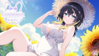 Rule 34 | 1girl, bare arms, bare shoulders, black hair, blonde hair, blue sky, breasts, cleavage, cloud, colored tips, commentary request, commission, dodosako, dress, flower, hat, highres, indie virtual youtuber, large breasts, looking at viewer, medium hair, multicolored hair, parted lips, short dress, skeb commission, sky, sleeveless, sleeveless dress, solo, straw hat, sun hat, sunflower, thighs, two-tone hair, virtual youtuber, white dress
