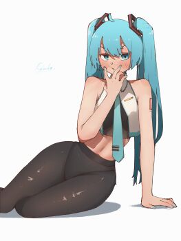 1girl blush hatsune_miku highres long_hair lying midriff necktie on_side pantyhose ryouko_c signature solo twintails vocaloid