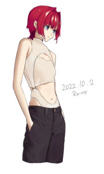 Rule 34 | 1girl, alternate costume, ange katrina, artist name, bare arms, bare shoulders, black pants, blue eyes, breasts, cleavage, cleavage cutout, closed mouth, clothing cutout, commentary request, cropped legs, dated, hair intakes, hands in pocket, highres, leotard, leotard under pants, looking ahead, navel cutout, nijisanji, pants, re:sty, red hair, sidelocks, simple background, small breasts, solo, virtual youtuber, white background, white leotard, wolf cut