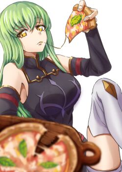 1girl black_dress black_sleeves breasts c.c. cheese cheese_trail code_geass detached_sleeves dress feet_out_of_frame food green_hair highres holding holding_food leaf long_hair looking_at_food medium_breasts pizza pizza_cutter pizza_slice sleeveless solo thighhighs tonke white_background white_thighhighs yellow_eyes