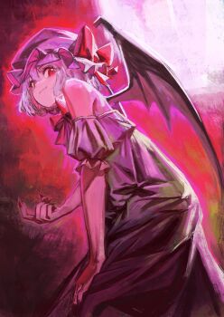 1girl absurdres bare_shoulders bat_wings detached_sleeves dress fingernails from_behind hand_on_own_knee hat highres looking_at_viewer mob_cap nepperoni puffy_detached_sleeves puffy_sleeves red_eyes red_theme remilia_scarlet sharp_fingernails short_hair solo touhou vampire wings