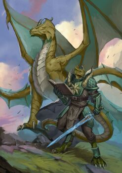 Rule 34 | 1boy, absurdres, armor, belt, book, breastplate, cloud, commission, concept art, danpurnm, day, dragon, dragon boy, dungeons &amp; dragons, faulds, grass, green theme, highres, holding, holding book, holding sword, holding weapon, outdoors, parent and child, pauldrons, rock, shoulder armor, sky, sword, vambraces, weapon, wind