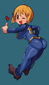1girl ass black_eyes blonde_hair blue_jumpsuit bodysuit breasts brown_footwear fallout fallout_4 grin heart highres jumpsuit large_breasts open_mouth short_hair smile thumbs_up vault_girl vault_suit waa153