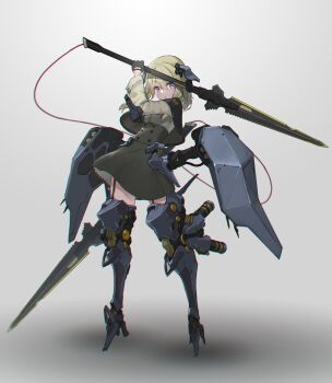 Rule 34 | 1girl, absurdres, arm across neck, black capelet, blonde hair, blue eyes, capelet, dual wielding, fighting stance, full body, gloves, green skirt, high heels, highres, holding, holding weapon, long skirt, mecha musume, mechanical legs, oota youjo, original, partisan (oota youjo), petticoat, shield, shirt, skirt, slip showing, solo, weapon, yellow shirt