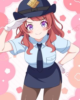 1girl black_hat black_necktie black_pantyhose black_skirt blue_eyes blue_shirt blush brown_hair collared_shirt commentary_request gakuen_idolmaster gloves hanami_saki hat highres idolmaster long_hair looking_at_viewer necktie oorai_(asdathrtuj) pantyhose pencil_skirt police police_hat police_uniform policewoman salute shirt short_sleeves skirt smile solo white_gloves