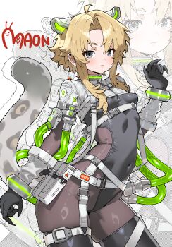 1girl android black_leotard blonde_hair bodysuit breasts buckle closed_mouth covered_navel cowboy_shot cyberpunk different_zoom_layer dot_nose fingernails frown gloves grey_eyes halftone halftone_background highres leotard long_sidelocks mecha_musume mechabare multicolored_tail original pantyhose science_fiction sharp_fingernails short_hair short_hair_with_long_locks sidelocks signature small_breasts snap-fit_buckle solo tail white_background zipper zolapunch