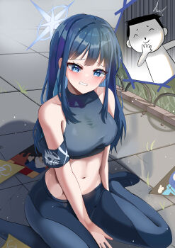 1boy 1girl absurdres black_hair blue_archive blue_eyes doodle_sensei_(blue_archive) erum_4066 halo highres leggings long_hair looking_at_viewer midriff navel saori_(blue_archive) sensei_(blue_archive) straight_hair