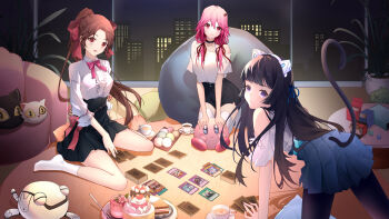1other 3girls absurdres all_fours alternate_costume animal_ears bare_shoulders black_choker black_hair black_pantyhose black_shorts black_skirt blue_ribbon blue_skirt blunt_bangs bow bowtie brown_hair cake cake_slice card_game cat_ears cat_tail chinese_commentary choker collarbone dice fake_animal_ears fake_tail food fyu-neru guilty_crown hair_ornament hairclip highres indoors kirby kirby_(series) looking_at_viewer multiple_girls nintendo objectification pantyhose pink_bow pink_bowtie pink_hair pleated_skirt ribbon seiza shinomiya_ayase shirt shorts sitting skirt skyline socks sumiame tail tea thighhighs tsugumi wariza white_shirt white_socks white_thighhighs yuzuriha_inori